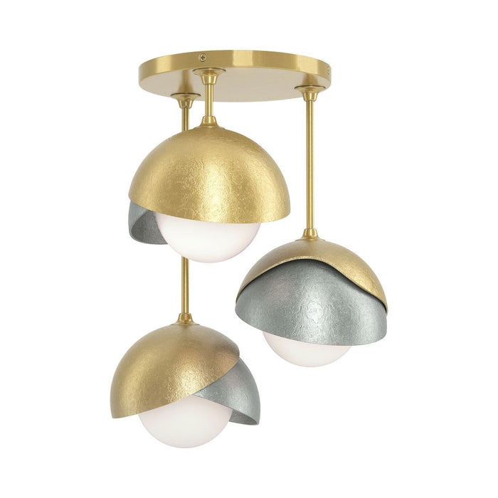 Brooklyn 3-Light Double Shade Semi Flush Mount Ceiling Light in Modern Brass/Vintage Platinum.