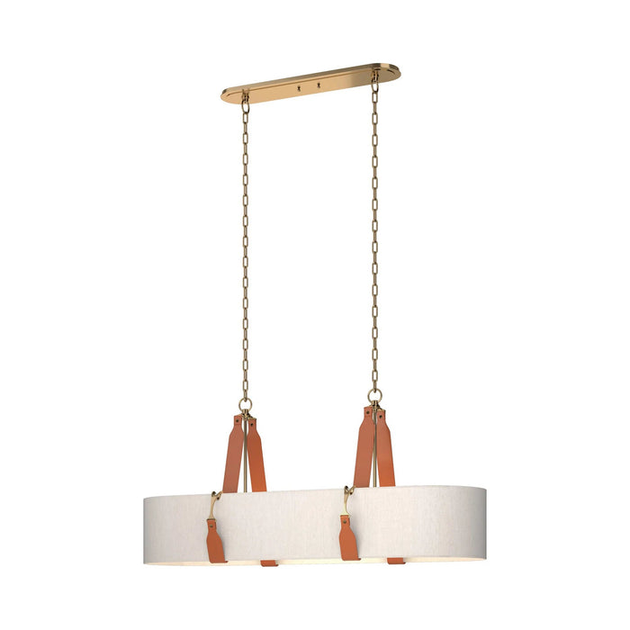 Saratoga Oval Pendant Light in Antique Brass/Leather Chestnut/Flax.