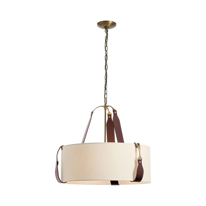 Saratoga Oval Pendant Light in Antique Brass/Leather British Brown/Natural Linen (Small).