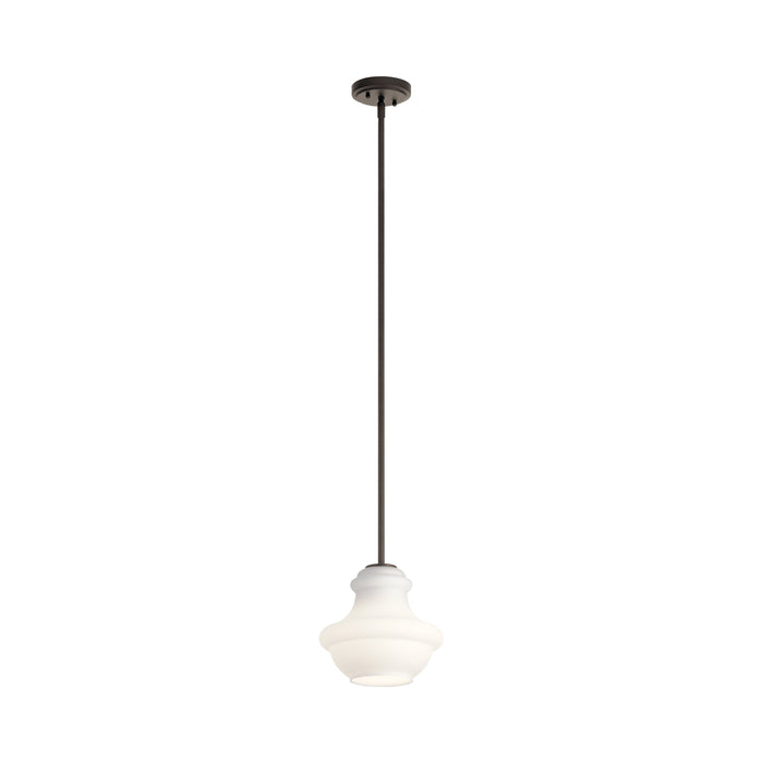 Everly Mini Pendant Light in Olde Bronze/Satin Etched Cased Opal Glass.