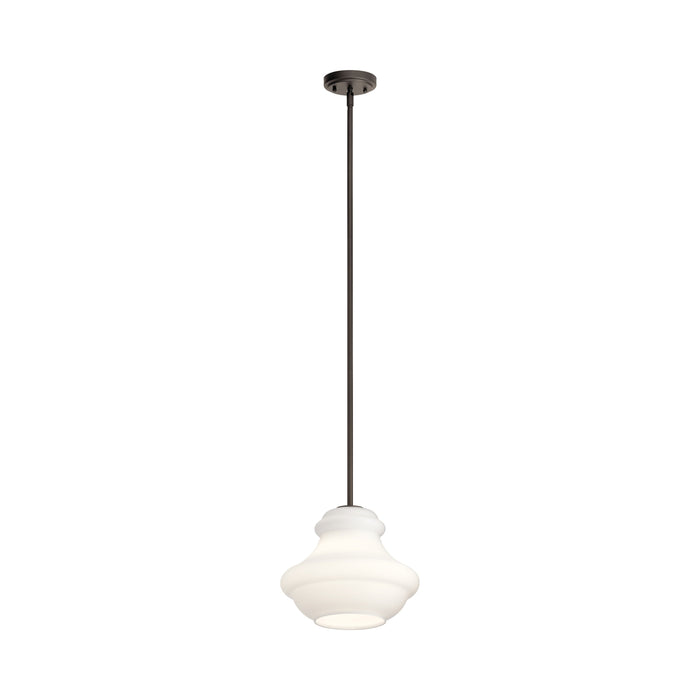 Everly Schoolhouse Pendant Light in Olde Bronze/Satin Etched Cased Opal Glass.