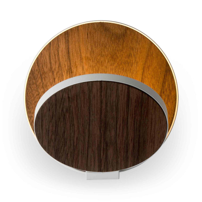 Gravy Hardwire LED Wall Light in Matte White and Oiled Walnut.