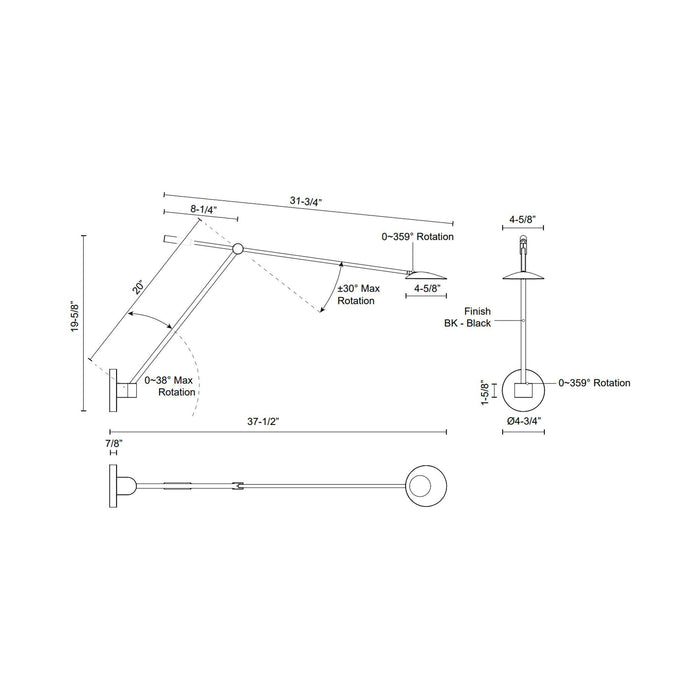 Rotaire LED Adjustable Wall Light - line drawing.