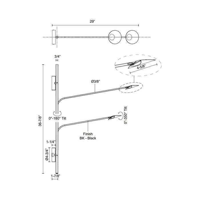 Rotaire LED Adjustable Wall Light - line drawing.