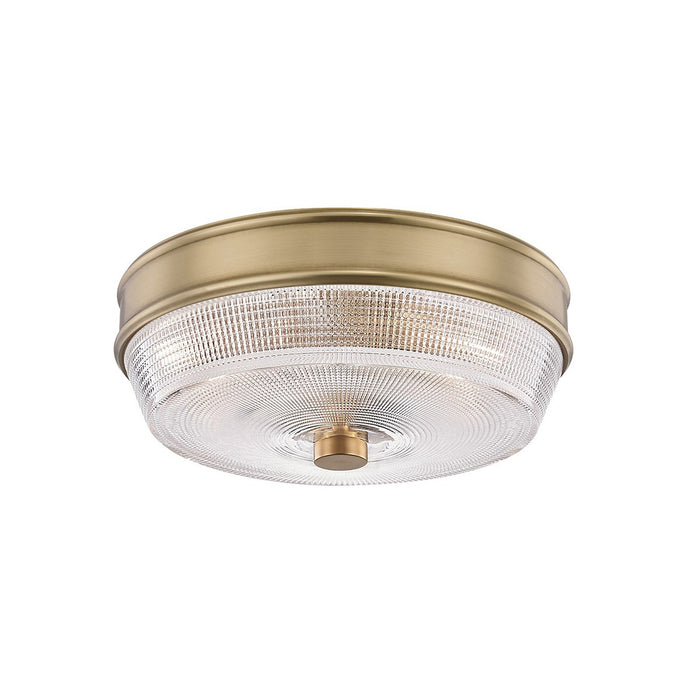 Lacey Flush Mount Ceiling Light in Aged Brass.