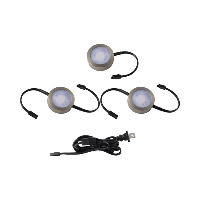 LED Undercabinet Puck Light in Brushed Nickel (2 Double Wire Lights, 1 Single Wire Lights with Cord).
