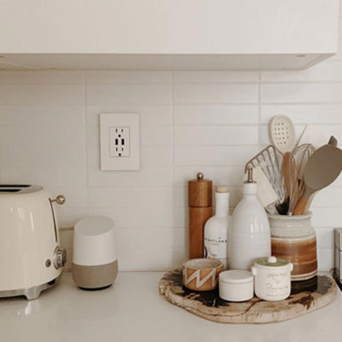 adorne® Dual USB Plus-Size Outlet Combo in kitchen.