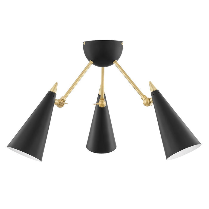 Moxie 3-Light Semi-Flush Mount Ceiling Light in Aged Brass / Black.
