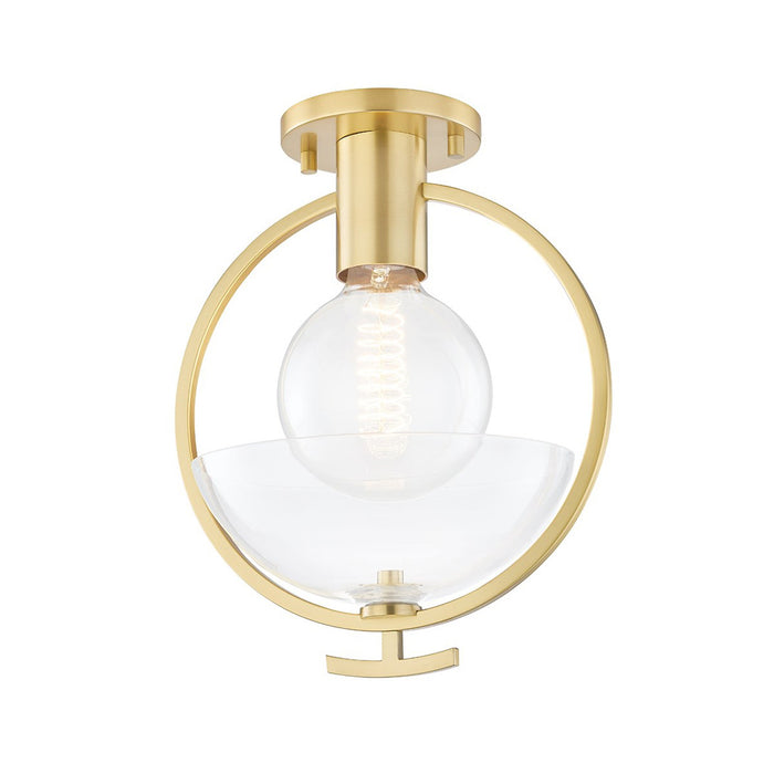 Ringo 1-Light Semi-Flush Mount Ceiling Light in Brass and Clear.