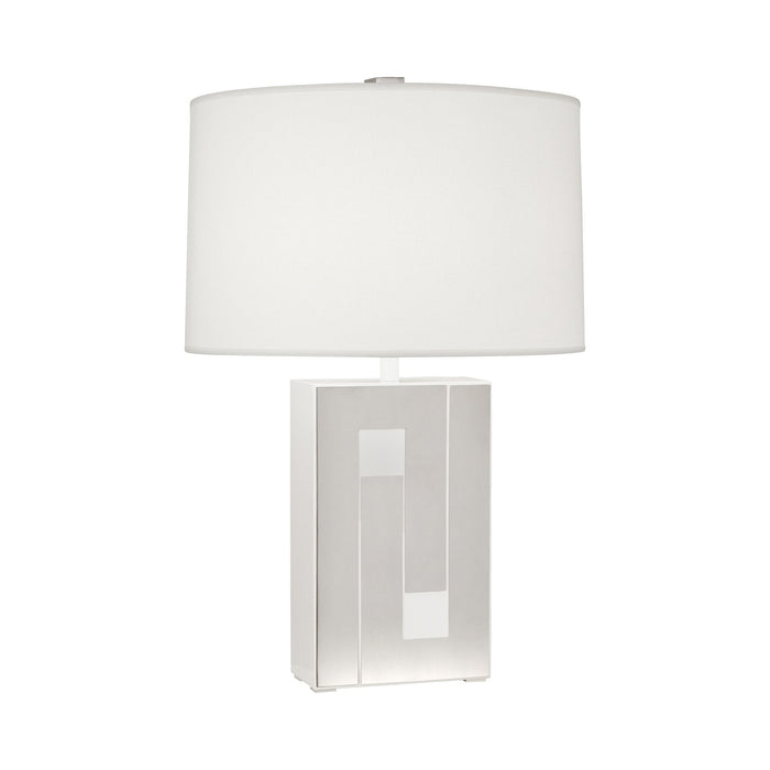 Blox Table Lamp in White Enamel Finish with Polished Nickel Accents.