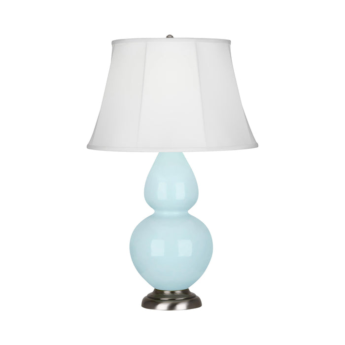 Double Gourd Large Accent Table Lamp in Baby Blue/Silk Stretch/Antique Silver.