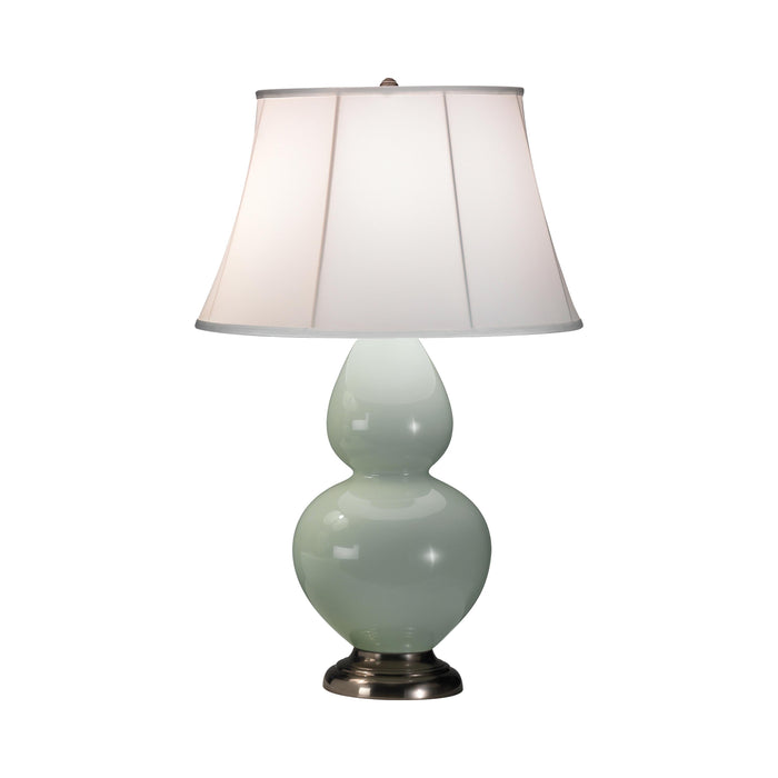 Double Gourd Large Accent Table Lamp in Celadon/Silk Stretch/Antique Silver.