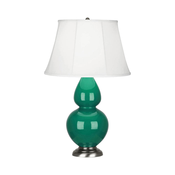 Double Gourd Large Accent Table Lamp in Emerald Green/Silk Stretch/Antique Silver.