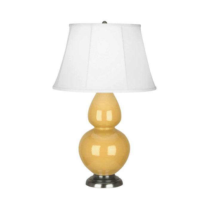 Double Gourd Large Accent Table Lamp in Sunset Yellow/Silk Stretch/Antique Silver.