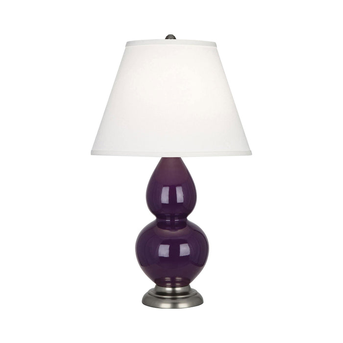 Double Gourd Small Accent Table Lamp with Antique Silver Base in Amethyst/Fabric Hardback.