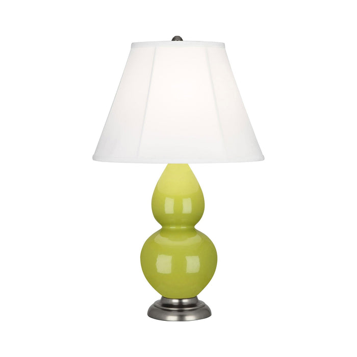 Double Gourd Small Accent Table Lamp with Antique Silver Base in Apple/Silk Stretch.