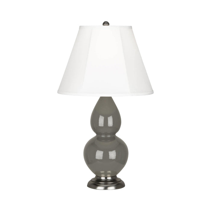Double Gourd Small Accent Table Lamp with Antique Silver Base in Ash/Silk Stretch.