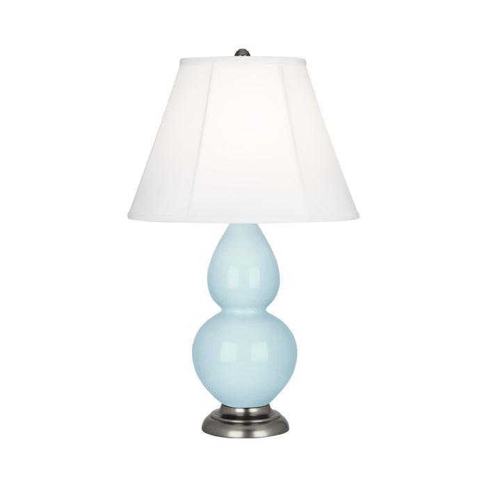 Double Gourd Small Accent Table Lamp in Baby Blue/Silk Stretch/Antique Silver.