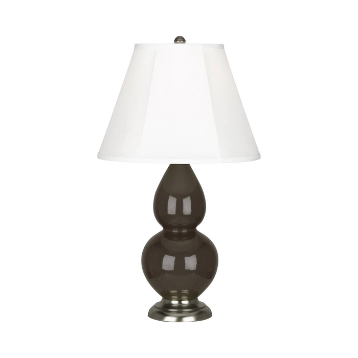 Double Gourd Small Accent Table Lamp with Antique Silver Base in Brown Tea/Silk Stretch.