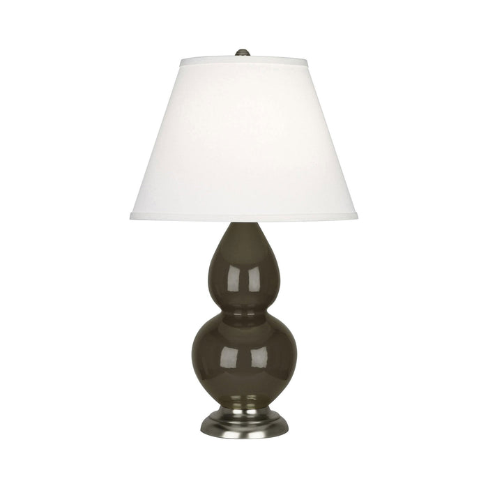 Double Gourd Small Accent Table Lamp with Antique Silver Base in Brown Tea/Fabric Hardback.
