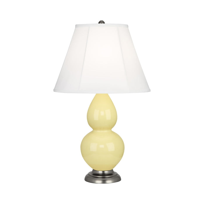 Double Gourd Small Accent Table Lamp with Antique Silver Base in Butter/Silk Stretch.