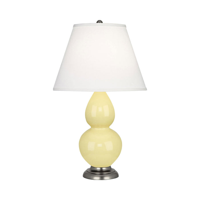 Double Gourd Small Accent Table Lamp in Butter/Fabric Hardback/Antique Silver.