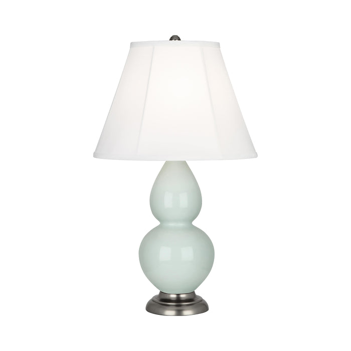 Double Gourd Small Accent Table Lamp with Antique Silver Base in Celadon/Silk Stretch.