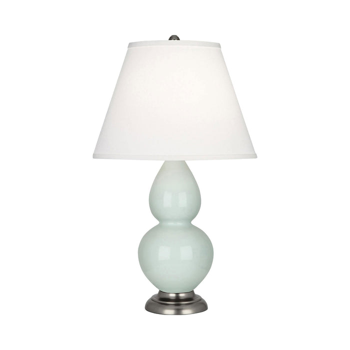 Double Gourd Small Accent Table Lamp in Celadon/Fabric Hardback/Antique Silver.