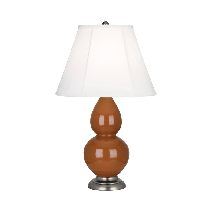 Double Gourd Small Accent Table Lamp with Antique Silver Base in Cinnamon/Silk Stretch.