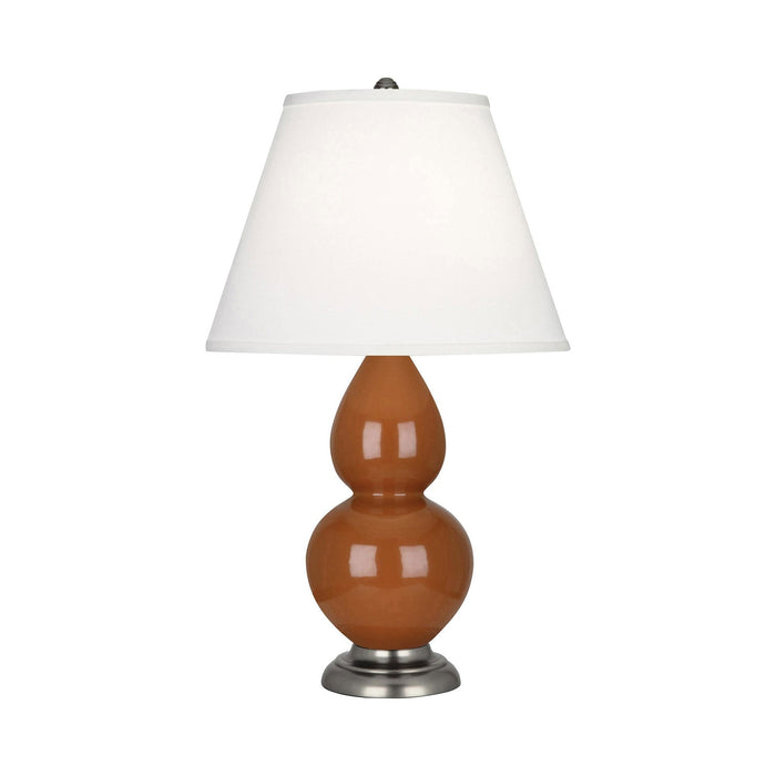 Double Gourd Small Accent Table Lamp with Antique Silver Base in Cinnamon/Fabric Hardback.