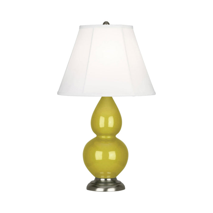 Double Gourd Small Accent Table Lamp with Antique Silver Base in Citron/Silk Stretch.