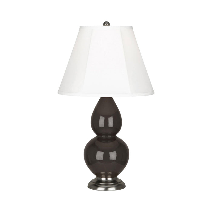 Double Gourd Small Accent Table Lamp with Antique Silver Base in Coffee/Silk Stretch.