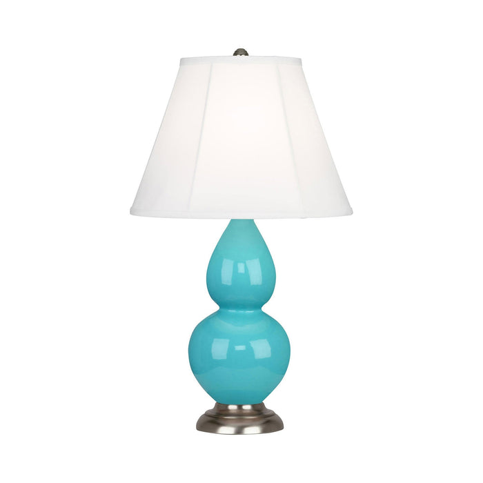 Double Gourd Small Accent Table Lamp with Antique Silver Base in Egg Blue/Silk Stretch.