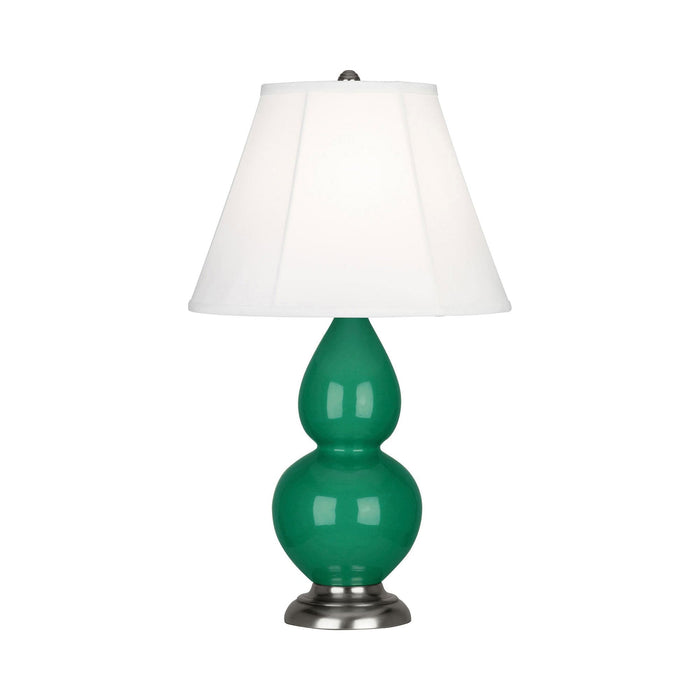 Double Gourd Small Accent Table Lamp with Antique Silver Base in Emerald Green/Silk Stretch.