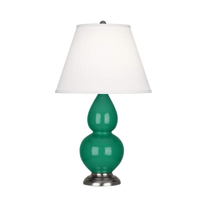 Double Gourd Small Accent Table Lamp in Emerald Green/Fabric Hardback/Antique Silver.