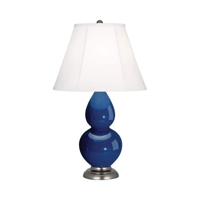 Double Gourd Small Accent Table Lamp with Antique Silver Base in Marine Blue/Silk Stretch.
