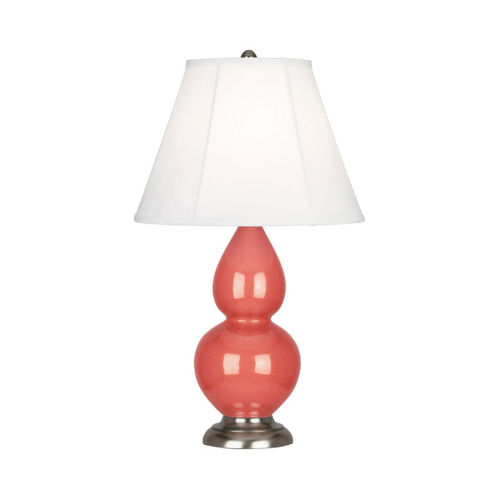 Double Gourd Small Accent Table Lamp with Antique Silver Base in Melon/Silk Stretch.