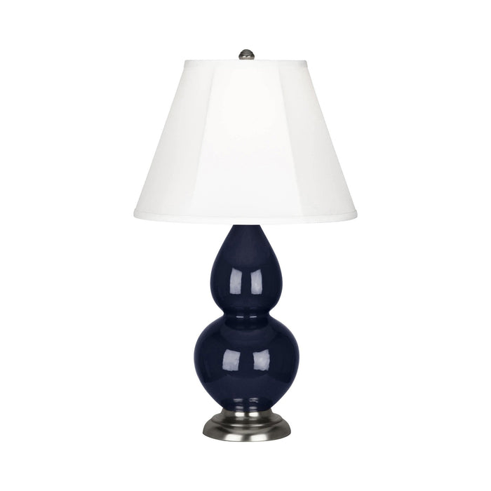 Double Gourd Small Accent Table Lamp in Midnight Blue/Silk Stretch/Antique Silver.