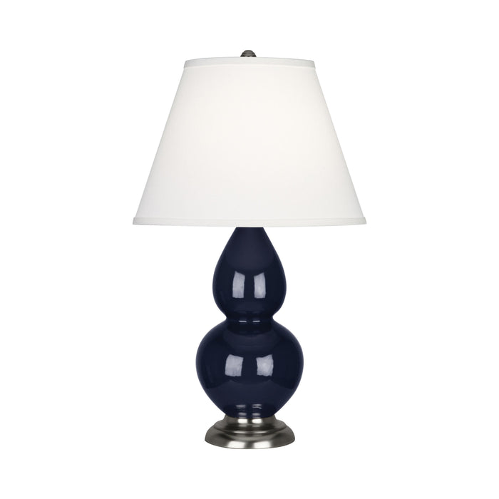 Double Gourd Small Accent Table Lamp in Midnight Blue/Fabric Hardback/Antique Silver.