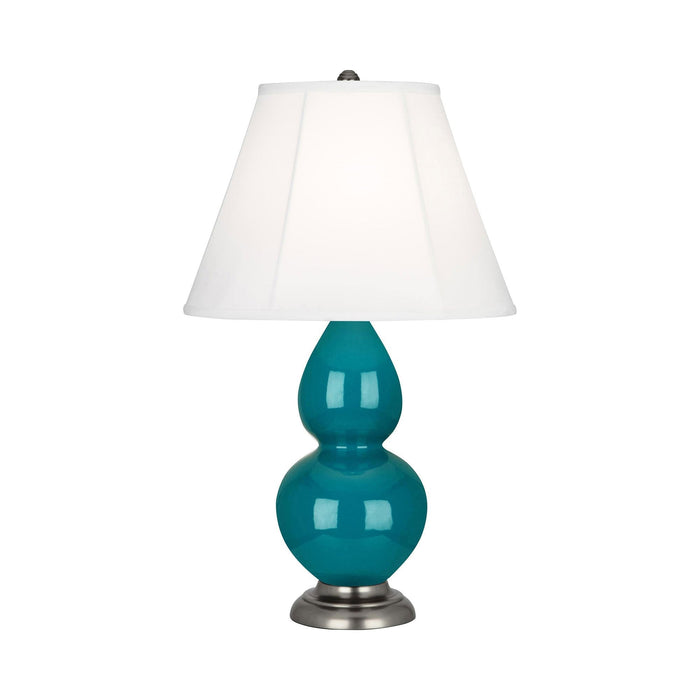 Double Gourd Small Accent Table Lamp with Antique Silver Base in Peacock/Silk Stretch.