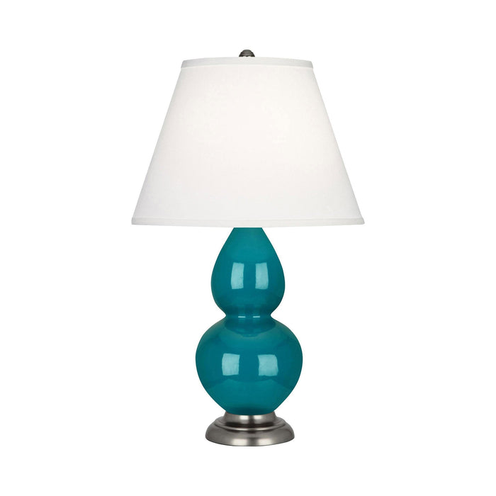 Double Gourd Small Accent Table Lamp with Antique Silver Base in Peacock/Fabric Hardback.