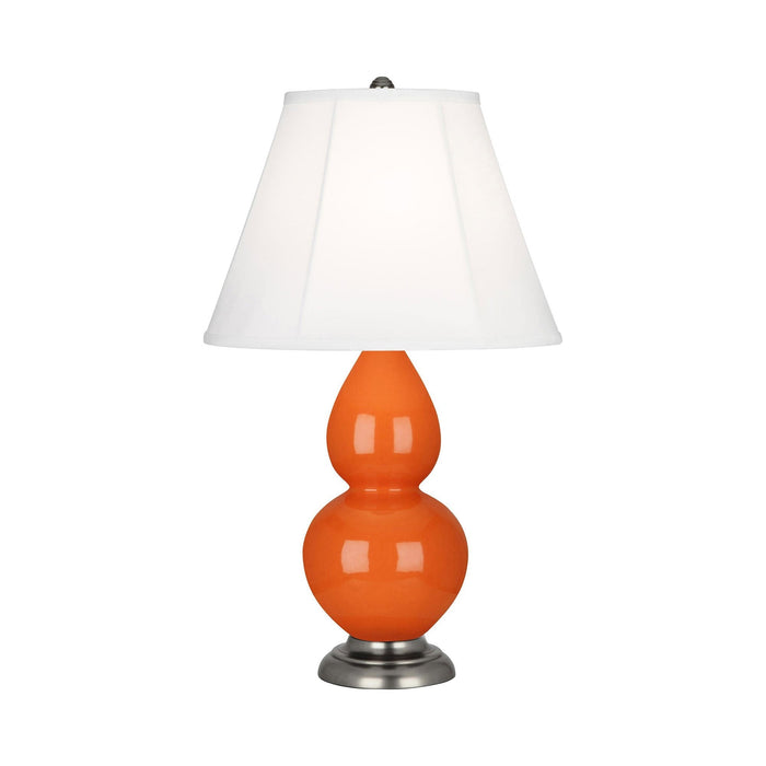 Double Gourd Small Accent Table Lamp with Antique Silver Base in Pumpkin/Silk Stretch.