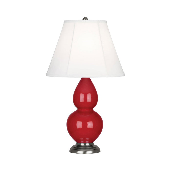 Double Gourd Small Accent Table Lamp with Antique Silver Base in Ruby Red/Silk Stretch.