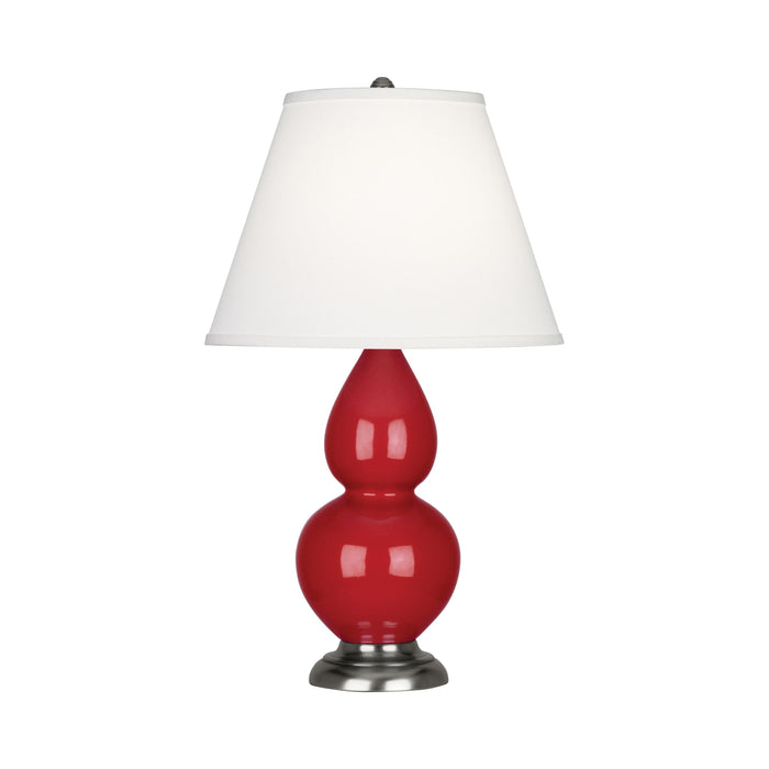 Double Gourd Small Accent Table Lamp in Ruby Red/Fabric Hardback/Antique Silver.