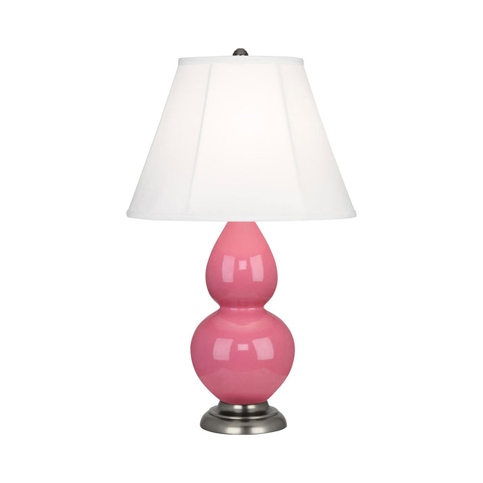 Double Gourd Small Accent Table Lamp in Schiaparelli Pink/Silk Stretch/Antique Silver.
