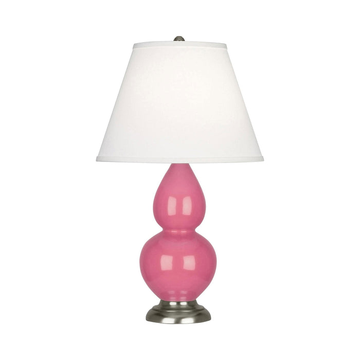 Double Gourd Small Accent Table Lamp with Antique Silver Base in Schiaparelli Pink/Fabric Hardback.