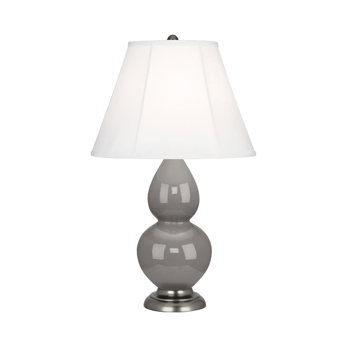 Double Gourd Small Accent Table Lamp with Antique Silver Base in Smoky Taupe/Silk Stretch.