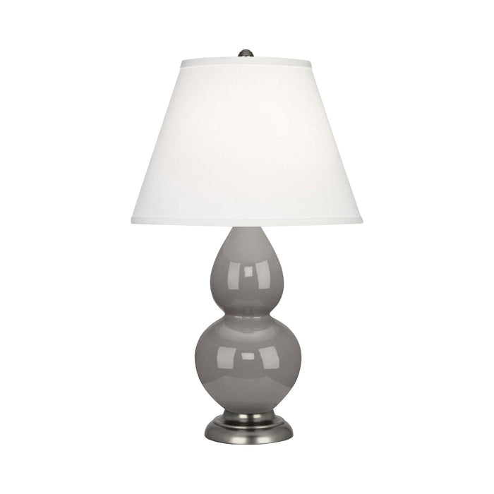 Double Gourd Small Accent Table Lamp in Smoky Taupe/Fabric Hardback/Antique Silver.