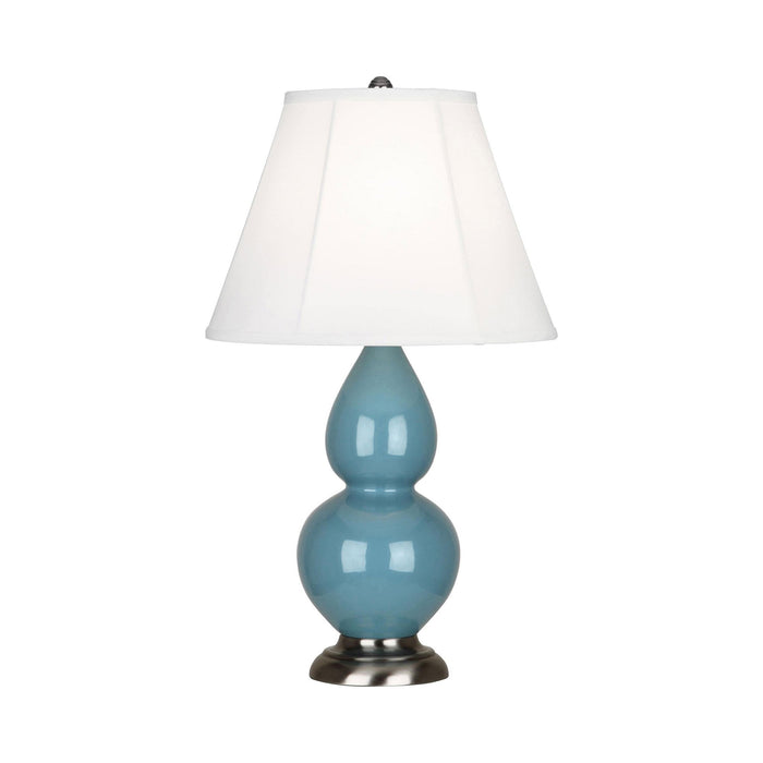 Double Gourd Small Accent Table Lamp in Steel Blue/Silk Stretch/Antique Silver.