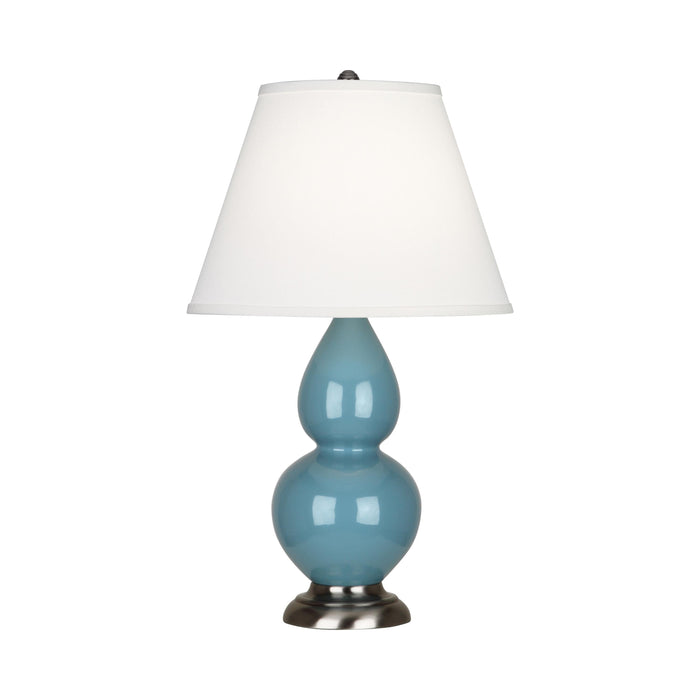 Double Gourd Small Accent Table Lamp with Antique Silver Base in Steel Blue/Fabric Hardback.